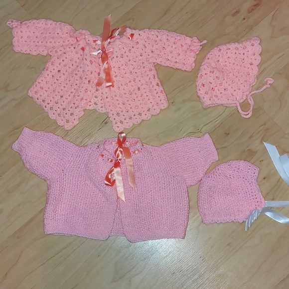 Vtg 2 Handmade Baby Hat and Sweater Sets size 0-3 months - Picture 1 of 3